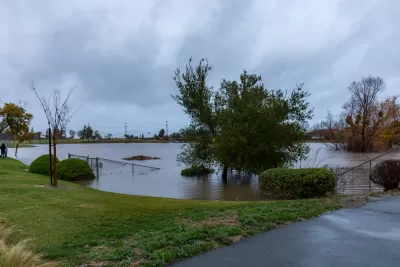 Flooded park in Pakley, California during late 2022 atmospheric river storm