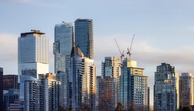Vancouver city skyline with construction crane.