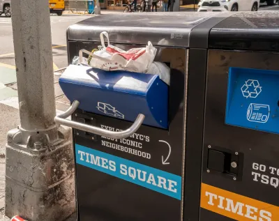 Close-up on overflowing trash can in New York City labeled with Times Square.