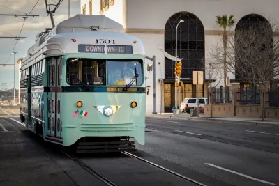 Lime green vintage style El Paso streetcar.