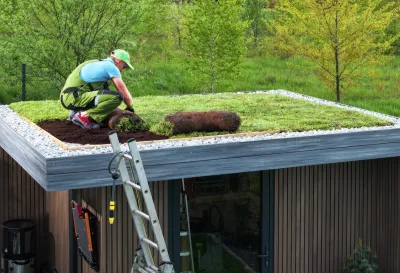 A gardener installs a patch of grass onto the roof of a shed.