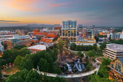 Downtown Greenville, South Carolina skyline at dusk.