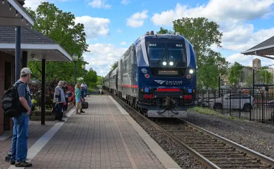 Amtrak train pulling into station in Kansas City, Missouri.