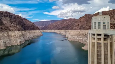 View of Colorado River with low water line as seen from the Hoover Dam.