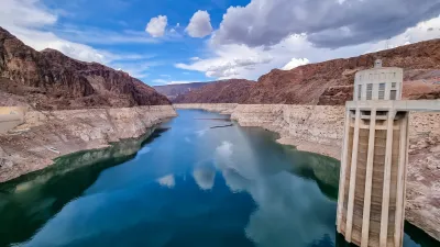 Lake Mead's low water levels, seen from the Hoover Dam
