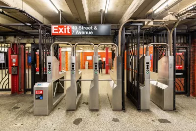 Empty fare turnstiles at New York City subway station