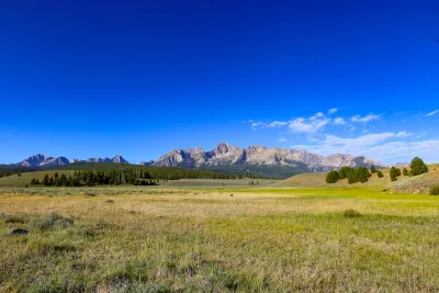Public land in Idaho. Most of the photo is a green field, with mountains and a forest in the distance.