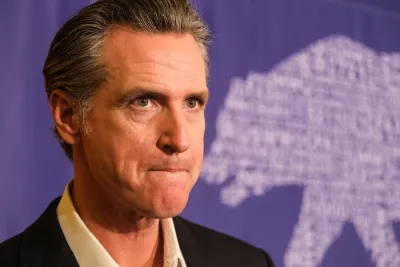 Close-up of California Governor Gavin Newsom against purple backdrop with bear sillhouette.