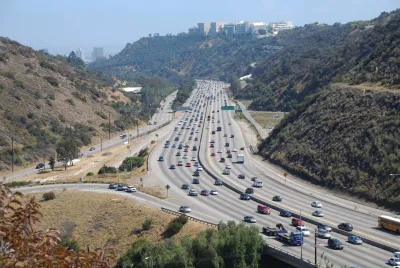 Aerial of traffic on the 405 freeway in the Sepulveda Pass, Los Angeles, California.