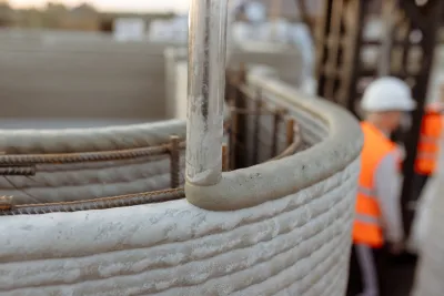 A metal pipe deposits a line of concrete on top of dozens of other lines, creating a wall. 
