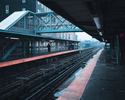 Empty train platform in Philadelphia, Pennsylvania with snow falling.