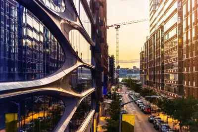 Modern steel and glass buidings seen in Chelsea, Manhattan in New York City.