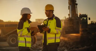 Man and woman in hard hats and safety vests looking at plans on tablet at golden hour at construction site.