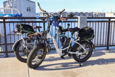 Everett WA USA Nov 14 2023 Two electric bicycles at the Port Of Everett Marina on a sunny day.
