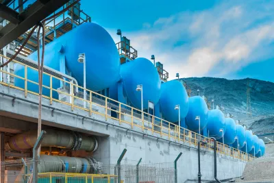 Blue tanks of a water desalination plant