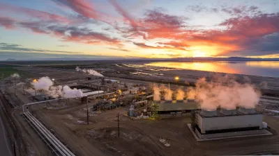 Geothermal energy plant at dusk near Salton Sea, California.