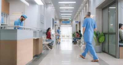 People in hospital hallway waiting area.