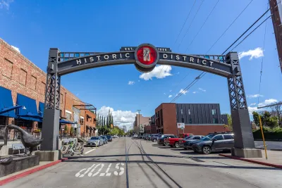 Historic District arch sign over street in Sacramento, California.