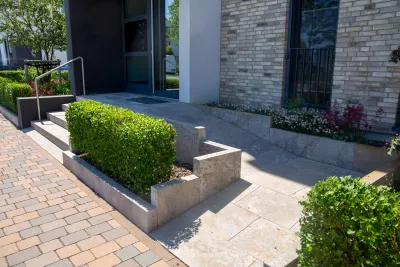 A wheelchair ramp provides access to a building.
