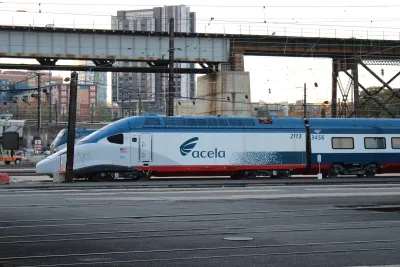 Blue and white Acela train in Boston, Massachusetts.