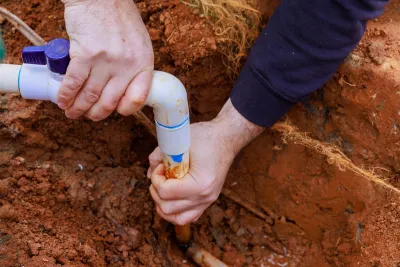 Two hands install a water pipe in red dirt.