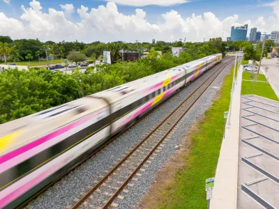 Brightline train moving at high speed in Miami
