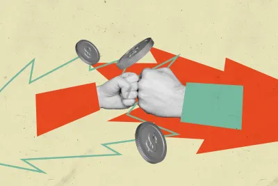 Graphic of two fists bumping each other with coins flying out of middle against orange and yellow backdrop.