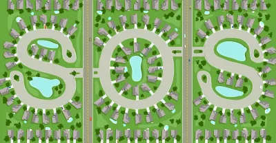 Aerial view graphic of surburban homes with green laws and ponds with grey streets spelling out SOS.