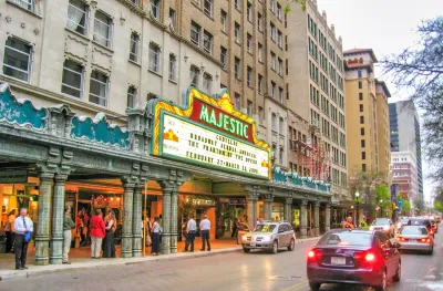 Vintage ciname with "Majestic" neon sign over marquee in San Antonio, Texas.