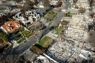 Aerial shot of fire damage in Pacific Palisades, Los Angeles, California.