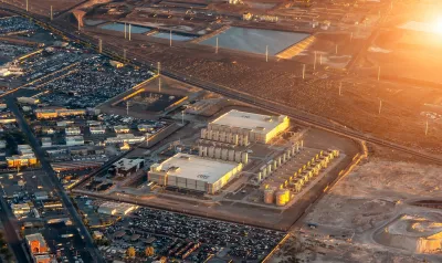 Aerial of large data center in Henderson, Nevada at golden hour.