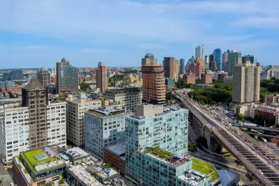 Aerial of downtown Brooklyn, New York with new towers under construction.