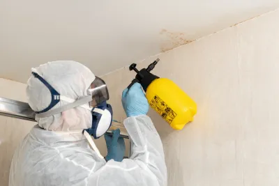 A professional in hazmat gear cleans mold off a white wall and ceiling.