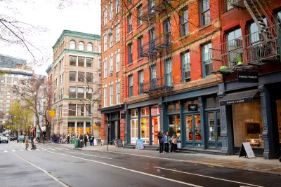 A residential street with apartments in NYC.