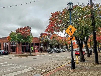 Street with crosswalk and fall foliage on trees in Dallas, Texas with yellow pedestrian warning sign in foreground.