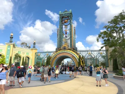 Entrance gate to Universal Epic Universe theme park in Orlando, Florida.