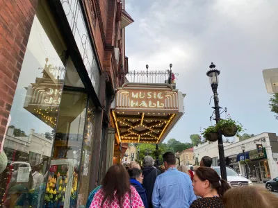 Crowds in front of a theater
