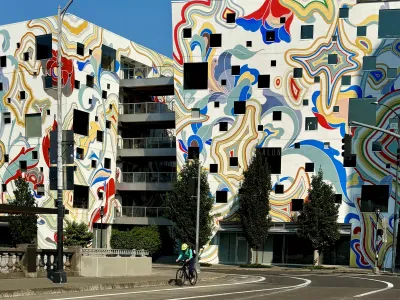 Colorful abstract mural on apartment building in Portland, Oregon.