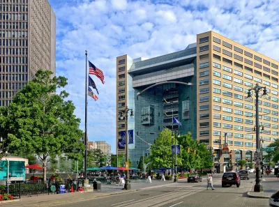People walking in downtown Detroit, Michigan.