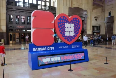Red and blue World Cup 2026 sign inside Union Station in Kansas City, Missouri.