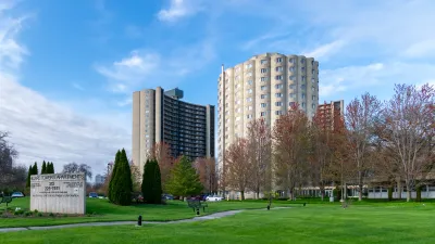 Round Hilliard Towers Apartments public housing complex in Chicago, Illinois.
