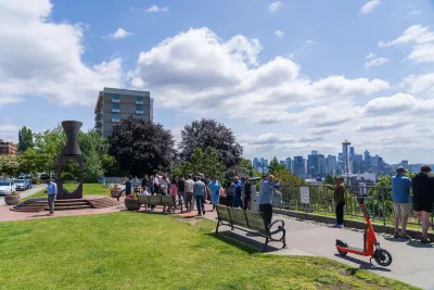 Tourists admiring the Seattle skyline.