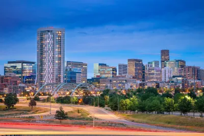 Downtown Denver, Colorado skyline at dusk.