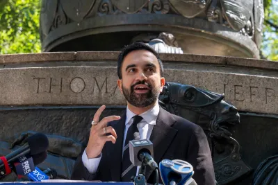 New York City mayoral candidate Zohran Mamdani speaking in front of Thomas Jefferson monument.