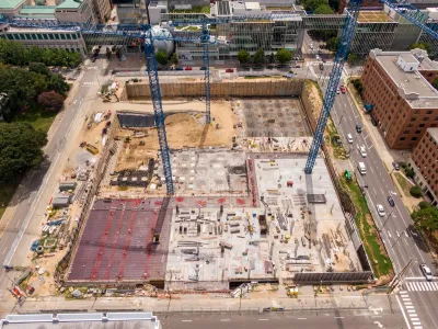 A birds-eye view of the construction of an apartment. 
