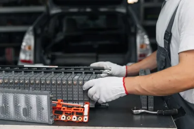 Person wearing white gloves handling lithium ion electric car battery.