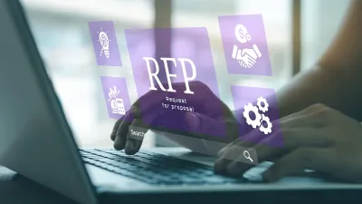 Person typing on laptop with RFP graphic