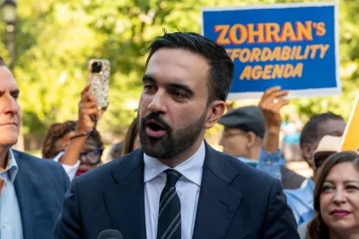 Close-up on NYC mayor Zohran Mamdani during an election event.