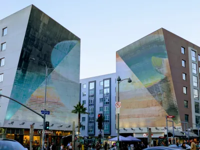 Mural "Big Bowl of Rice" by artist April Greiman, at the Wilshire Vermont mixed-use development above transit station in Los Angeles, CA.