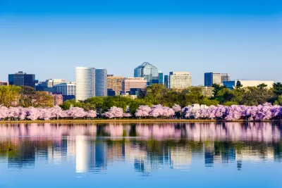 View across lake of Washington, D.C. office buildings with blooming cherry trees in front on lakeshore